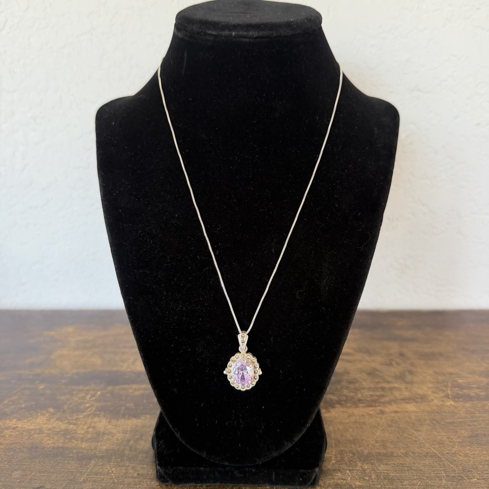 925 Sterling Silver Purple CZ Halo Pendant Necklace Marcasite Accents